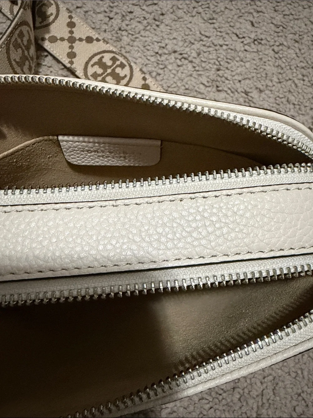 Tory Burch White Pebbled Leather Crossbody with Logo Web Strap